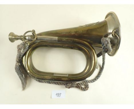 A WWI German-Prussian field bugle, white metal mounted on brass with Prussian eagle - marked 'Eschenbach. Berlin 1915' - 26cm