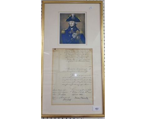 A facsimile copy of a letter by Admiral Lord Nelson with portrait print - framed and glazed