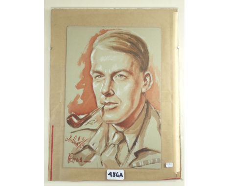 A watercolour and chalk portrait of a soldier - 33 x 26cm