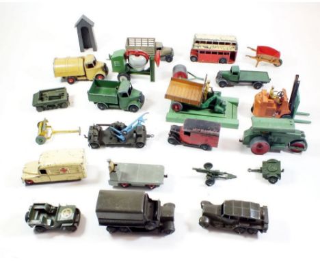 A box of Dinky die cast cars including steam roller, fork lift truck etc