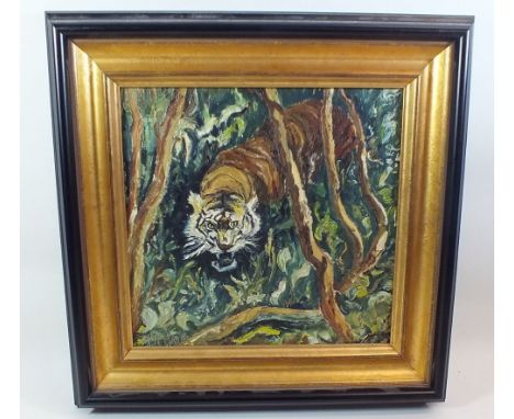A K Bruhl - acrylic tiger in jungle - 22 x 23cm