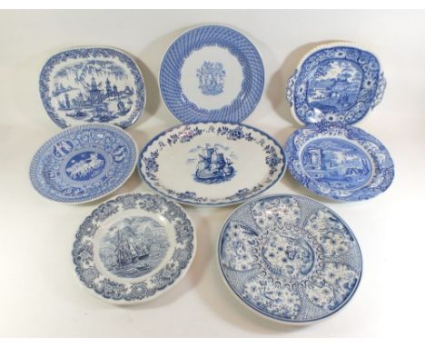 Three Spode blue and white plates and various other blue and white plates