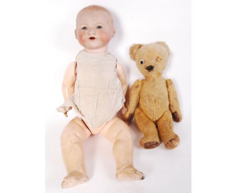 A collection of 2x vintage items to include; golden coloured teddy bear &amp; a large 20th century clothed female doll.&nbsp;