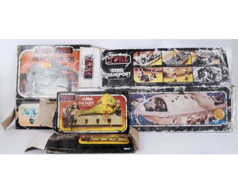 Three original vintage 1980's Star Wars, Return Of The Jedi boxes. Box titles include; Tie Interceptor, Jabba The Hutt Action