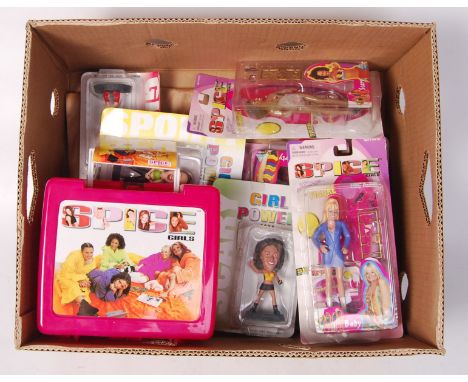 A collection of Spice Girls memorabilia to include; Toymax 6" figures, lunchbox with flask, Girl Power figures etc. Figures a