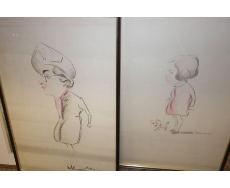 Three pictures to include a landscape watercolour depicting a Folly at Fontainebleu & two signed portrait caricature studies 