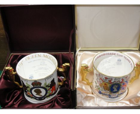 Two Paragon boxed two-handled loving cups, 'The Queen Mother 1900 - 1980'; 'Silver Jubilee 1977'