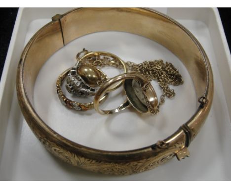 9ct rings to include Diamond examples; together with a 9ct necklace and plated bangle