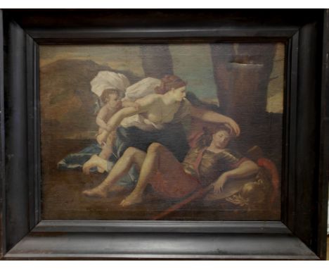 Continental School: A Goddess with a dagger & putti attending a sleeping gladiator, oil on canvas, H 75 x W 105 cm 