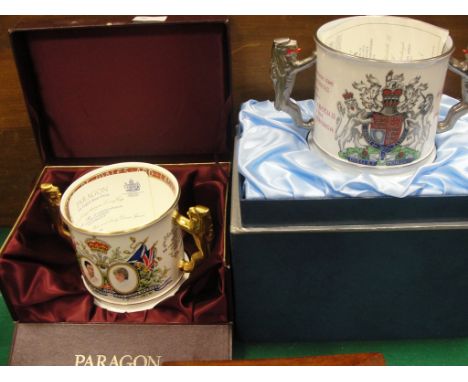 Two boxed Paragon two-handled commemorative loving cups, 'Marriage of Charles and Diana'; Silver Wedding Anniversary of HM Th