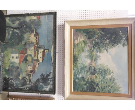 K Robson (20th century): The Thames near Radcot Bridge, oil on canvas; together with a print of a villa in a Continental land