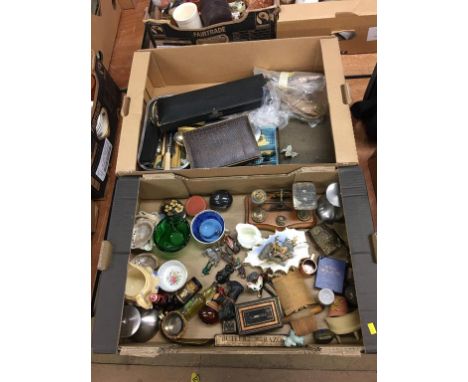 Two boxes of assorted including Frosterley marble, postal scales etc.