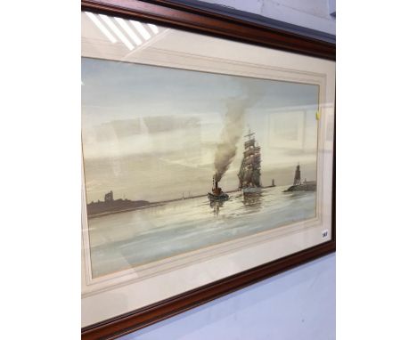 Tom Wilkinson, watercolour, 'Tug Towing a barge into the Tyne', 85cm x 62cm