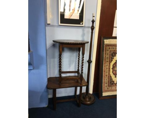 An oak barley twist occasional table, standard lamp etc.