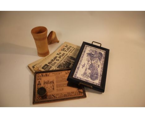 Collection of old newspapers, circa 1950's, an edition of picture post, a reproduction brass pocket sundial, a small tiled tr