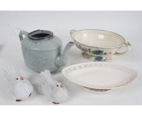 Seven metal delft style bowls, together with a Masons 'Regency' tureen and cover, a Victorian teapot, a Leeds Creamware dish,