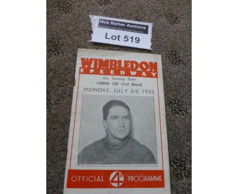 Speedway : Wimbledon v Crystal Palace prog 3.7.1933, 16 pages, sl r/staples, vgc.