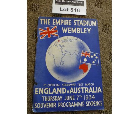 Speedway : Wembley - England v Australia Test Match prog 7.6.1934, sl. r/staples, 16 pages, vgc.