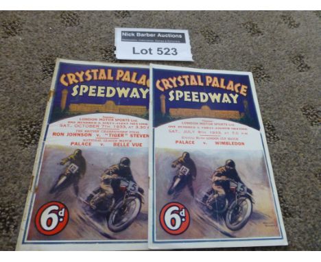Speedway : Crystal Palace progs x 2, v Wimbledon 8.7.1933 and v Belle Vue 7.10.1933, both 20 pages in vgc, sl. r/staples.