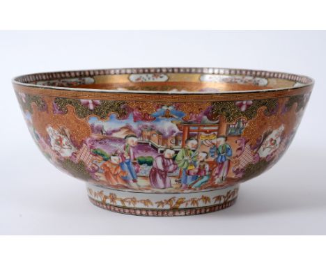 A 19th century Chinese export porcelain bowl, decorated figures, flowers and foliage in enamel colours (star crack to base), 