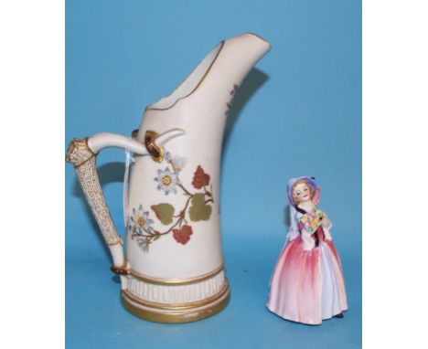 A Worcester porcelain blush ivory jug, with painted and gilt decoration, 1116, 21 cm high, and a Royal Doulton figure, June, 