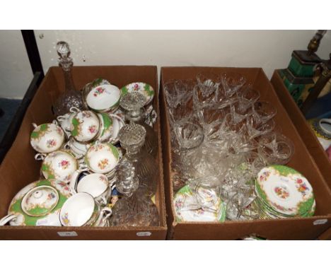 A set of six Waterford Crystal wine glasses, similar glasses, other glass and a Paragon Rockingham pattern part tea service (