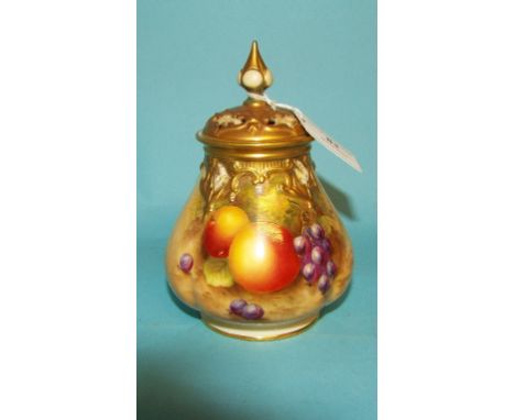 A Worcester porcelain pot pourri jar and cover, decorated fruit and berries, signed H Ayrton, 291, 14.5 cm high