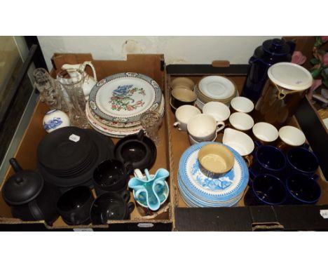 A Wedgwood black basalt six person tea service, four Hornsea mugs, other ceramics and glass (2 boxes)