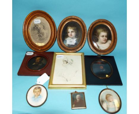 An oval portrait miniature, of a young boy, signed Bell 1944, 7.5 x 6 cm, and other miniatures (qty)
