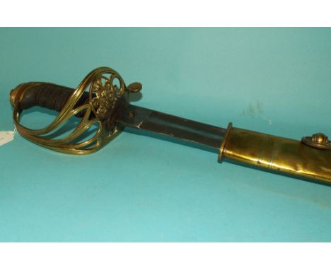 A Victorian officer's sword, with VR cipher to the guard, and a leather mounted scabbard (in two sections)