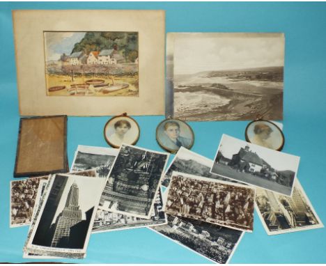 An oval portrait miniature, of a young man, watercolour, two others, postcards, photograph albums, watercolour sketches, and 