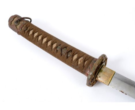 A Japanese katana, the 69 cm blade with a cord bound fishskin grip, in a leather mounted scabbard (leather held on by string)