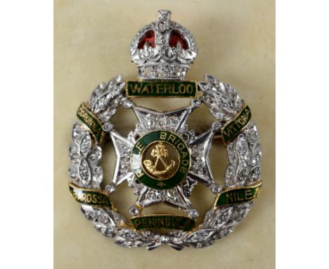 A white and gold coloured metal, diamond and enamel Rifle Brigade sweetheart brooch, in a Boodle & Dunthorne box  See illustr