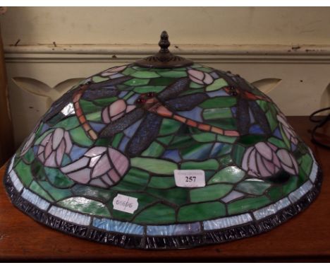 A Tiffany style glass ceiling lamp shade and fitting, decorated dragonflies, 54 cm diameter