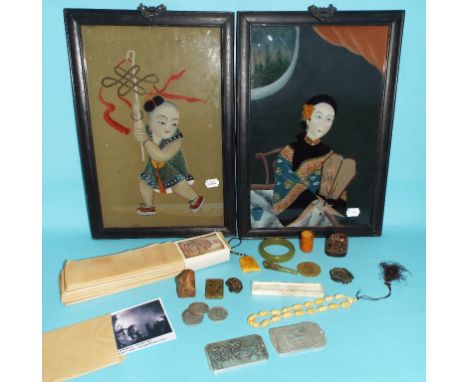 A green hardstone bangle, an ingot, two Chinese carved hardstone roundels, two reverse paintings on glass and other items (qt