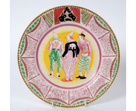 A Clarice Cliff Circus plate, designed by Laura Knight, the centre decorated three clowns, 23 cm diameter  See inside back co
