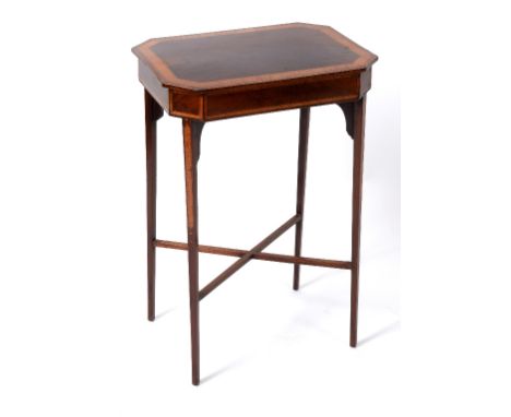 A 19th century inlaid mahogany table, with canted corners and a lift up top, on tapering square legs joined by a X stretcher,
