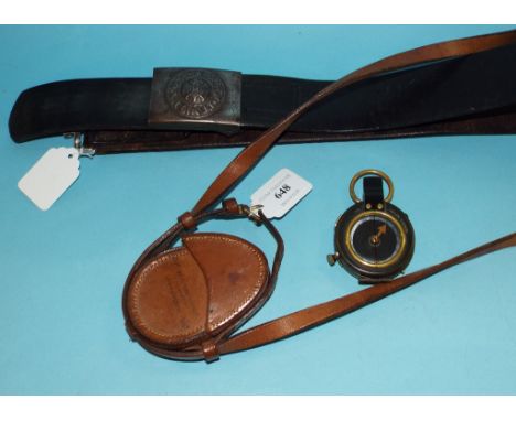 A WWI compass, 1917, the leather case inscribed Capt W Grudgings, Leicestershire Regt, and a Third Reich leather belt with bu