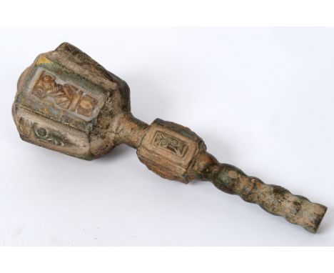 A Chinese mace, applied jade carvings, 26.5 cm high  See illustration