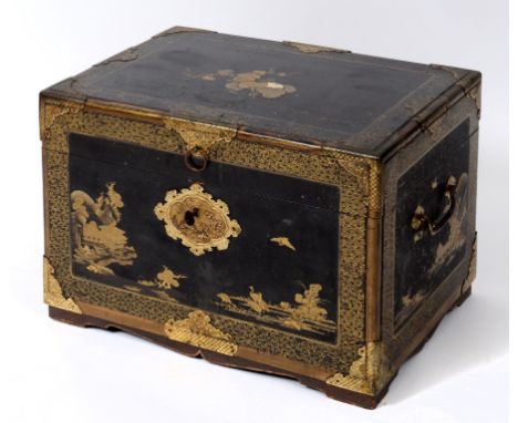 A 19th century Chinese black lacquer trunk, decorated deer, birds, dwellings and foliage, the interior fitted a lift out tray
