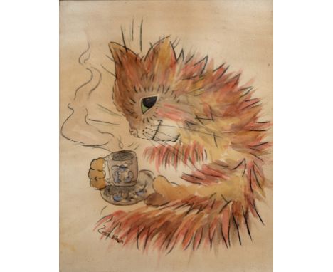 Attributed to Louis Wain, a cat drinking a cup of tea, watercolour, bears a signature, 42 x 32.5 cm  See illustration