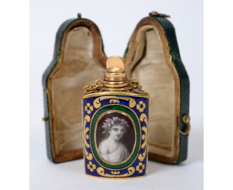 An 18th century yellow coloured metal and enamel scent bottle and stopper, each side decorated a portrait of a gentleman, 3 c