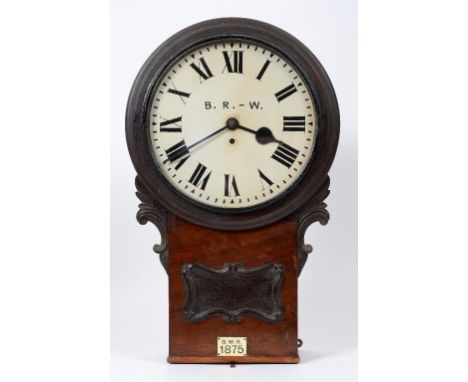 A station drop dial wall clock, the 28.5 cm diameter painted dial with Roman numerals and B.R-W., fitted an eight day fusee m