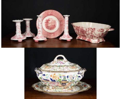 An English Chippendale pattern tureen by Johnson Brothers, 42cm wide x 25cm deep x 13cm high; a Jenny Lind Staffordshire plat