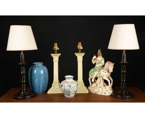 A mixed group of china and lamps to include a Royal Lancastrian blue glazed vase, 19cm in height; a Wedgwood black basalt rec