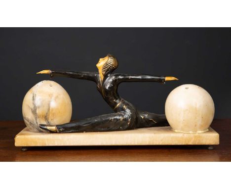 An art deco style alabaster table lamp, 35cm in length x 18cm highCondition report: Cracks to the balls, surface marks and we