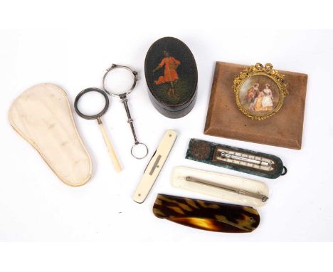 A collection of bijouterie to include a hardstone backed thermometer, 10cm in length; continental white metal magnifying glas