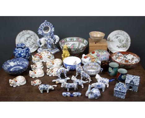 A group of Japanese porcelain cats the largest approximately 24cm wide together with further Oriental ceramics, a contemporar