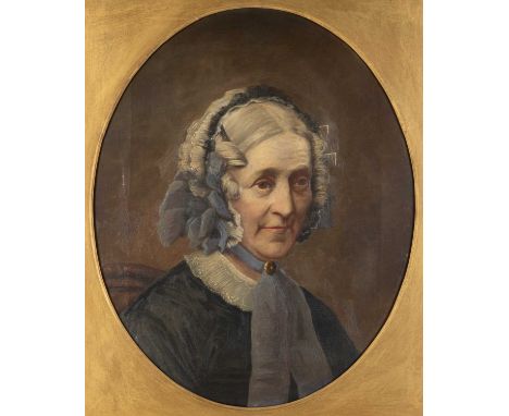 19th Century English School portrait of a lady in a lace bonnet, oil on canvas, oval, 52cm x 42cmCondition report: In an asso