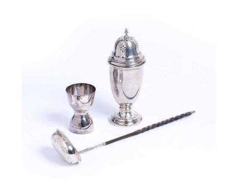 A 20th century silver sugar caster together with a silver double ended measure with marks for Sheffield and makers mark HA, t
